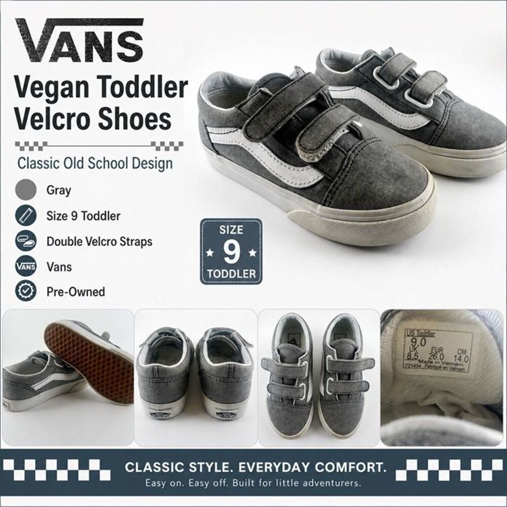 Vans Toddler Size 9 Gray Vegan Velcro Old Skool Shoes